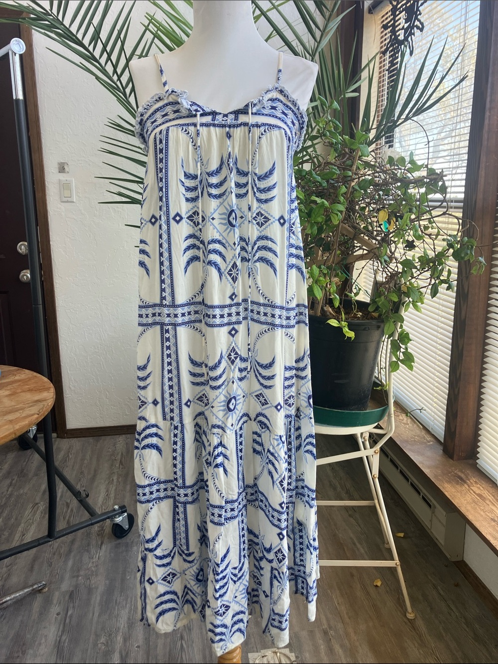 Haute Hippie Boho Empire Loose Tiered Tank Dress Palm Tree Hawaiian Smocked